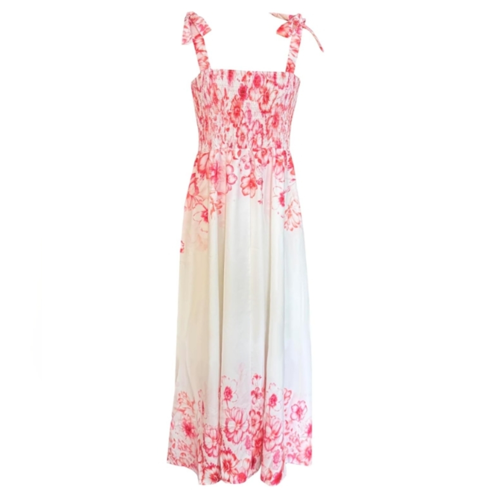 Coral Pink Floral White Tiered Dress Shoulder Tie Sundress Flowy Boho Ties Maxi